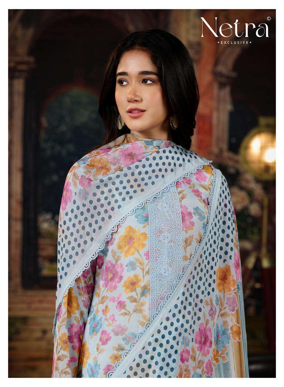 Netra Exclusive Kara Pure Bemberg Muslin Digital Print Dress Material - Amrah Wholesale