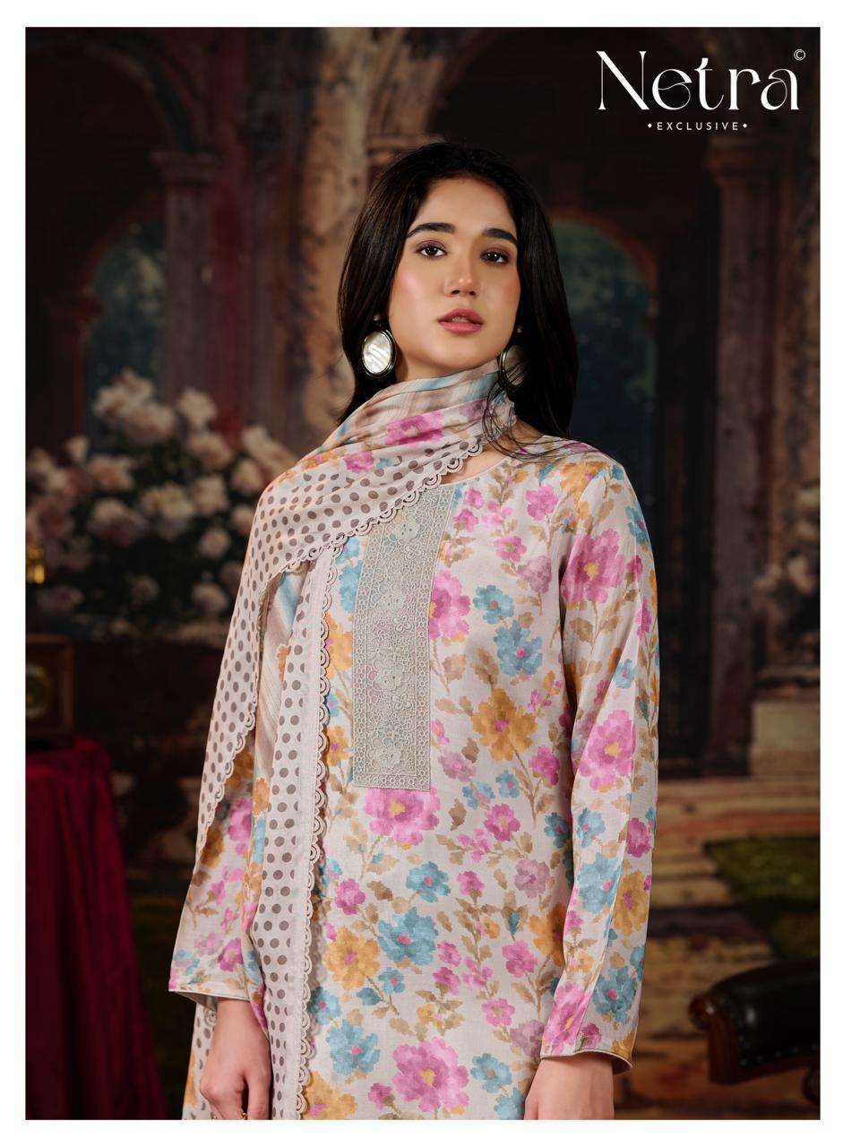 Netra Exclusive Kara Pure Bemberg Muslin Digital Print Dress Material - Amrah Wholesale