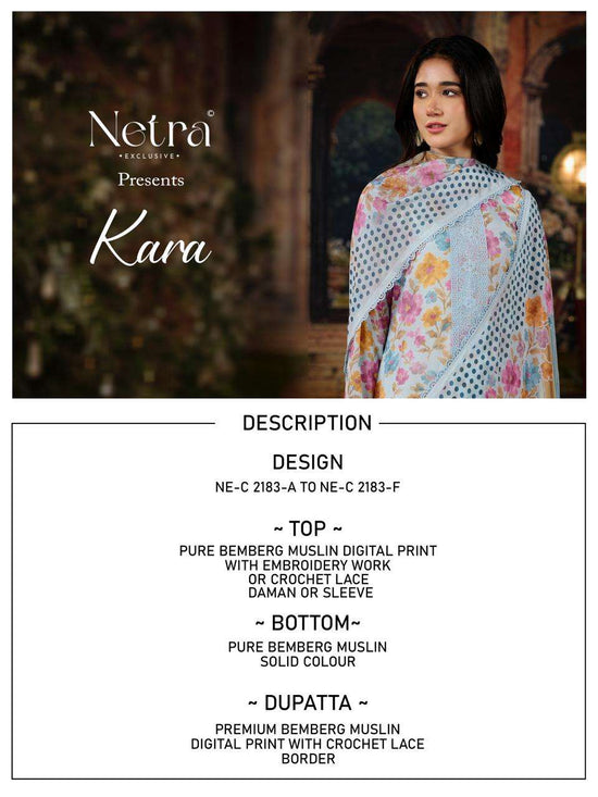 Netra Exclusive Kara Pure Bemberg Muslin Digital Print Dress Material - Amrah Wholesale