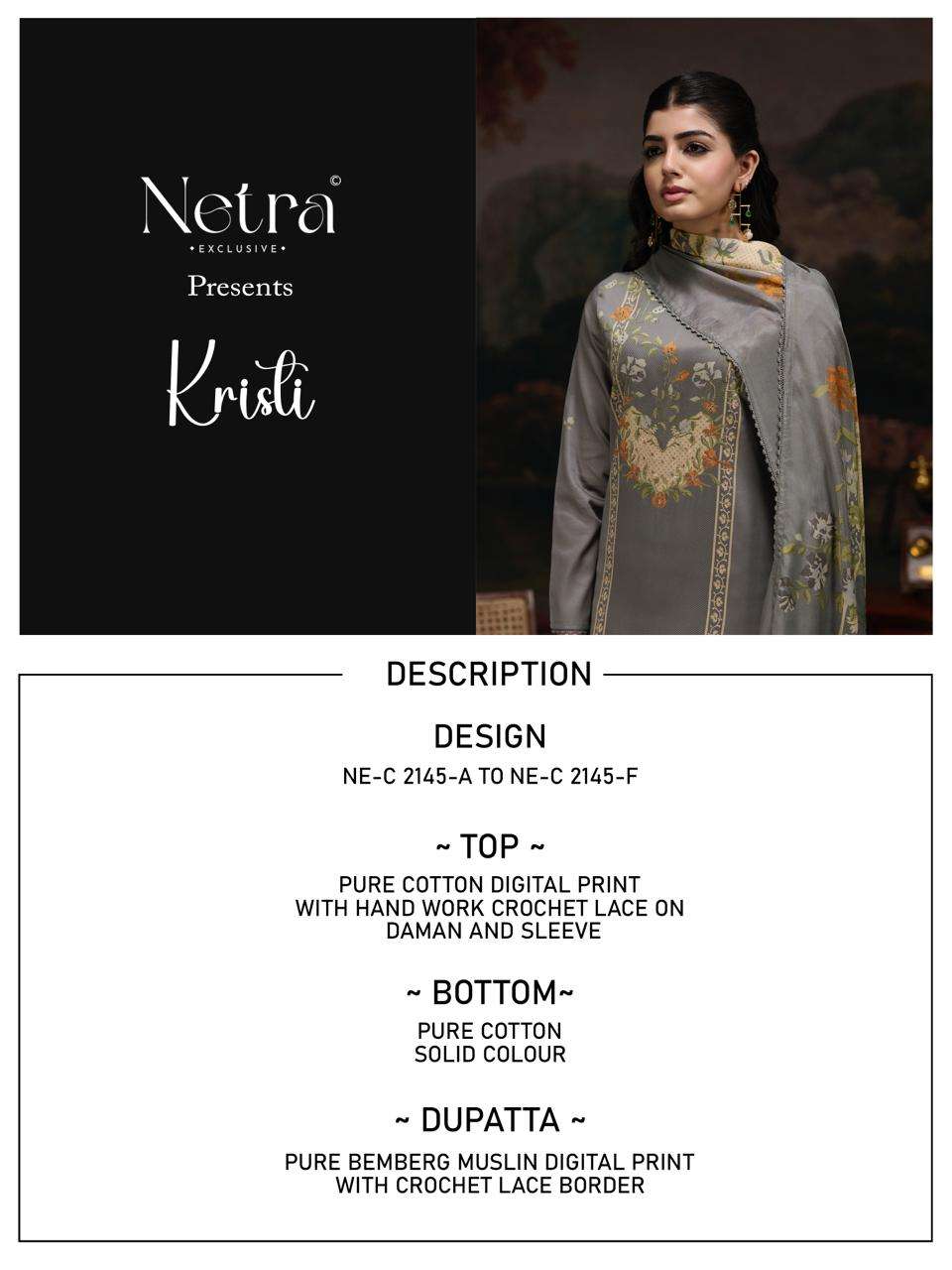 Netra Exclusive Kristi Pure Cotton Premium Dress Material Collection - Amrah Wholesale