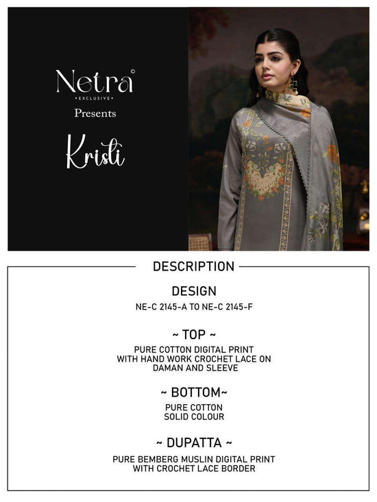 Netra Exclusive Kristi Pure Cotton Premium Dress Material Collection - Amrah Wholesale