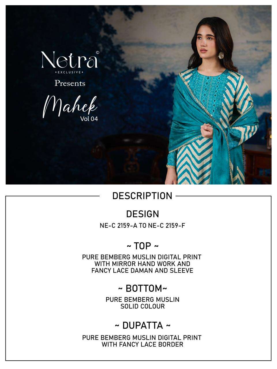 Netra Exclusive Mahek Vol 4 Pure Bemberg Muslin Dress Material - Amrah Wholesale