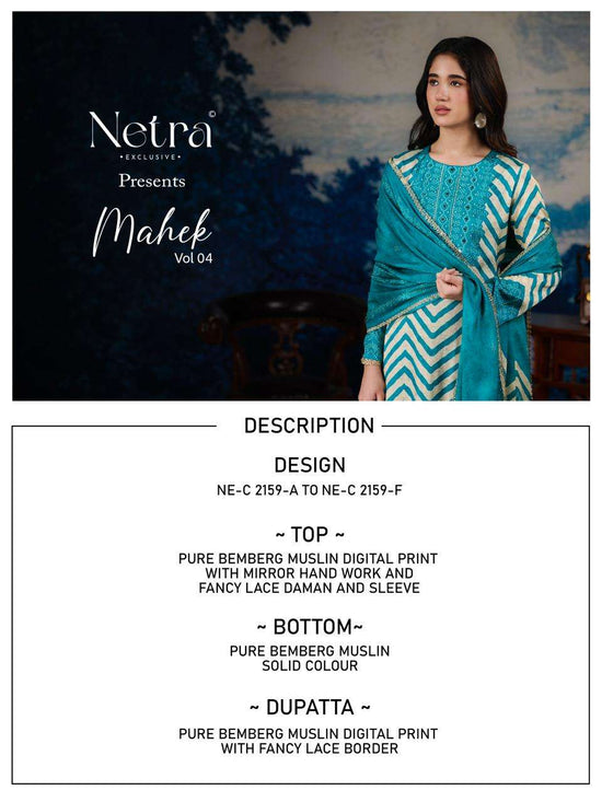 Netra Exclusive Mahek Vol 4 Pure Bemberg Muslin Dress Material - Amrah Wholesale