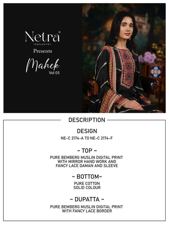 Netra Exclusive Mahek Vol 5 Bemberg Muslin Digital Printed Dress Material