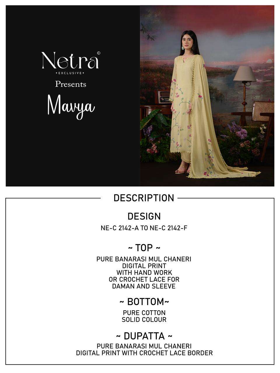 Netra Exclusive Mavya Banarasi Mul Chanderi Dress Material - Amrah Wholesale