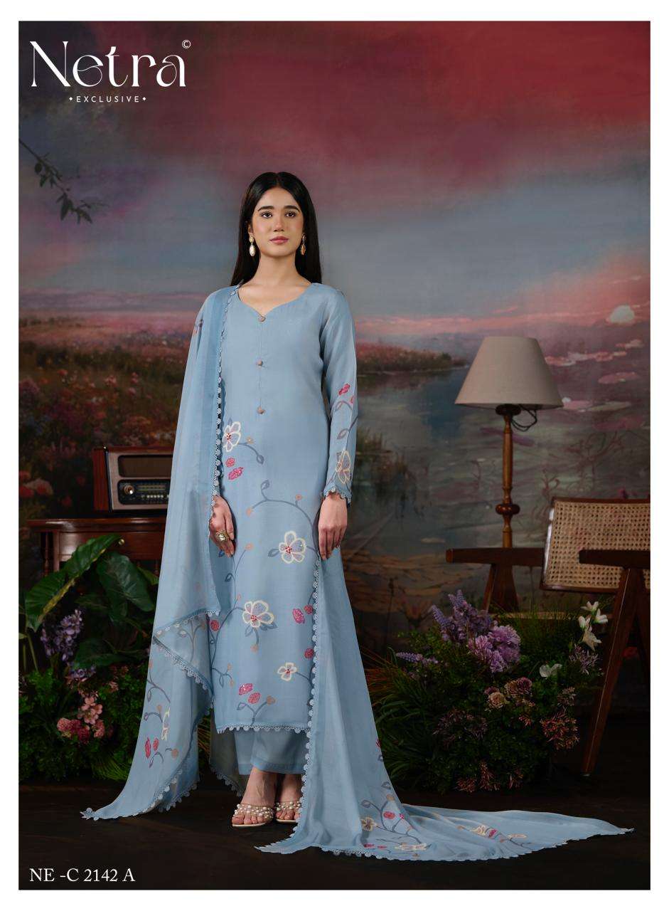 Netra Exclusive Mavya Banarasi Mul Chanderi Dress Material - Amrah Wholesale