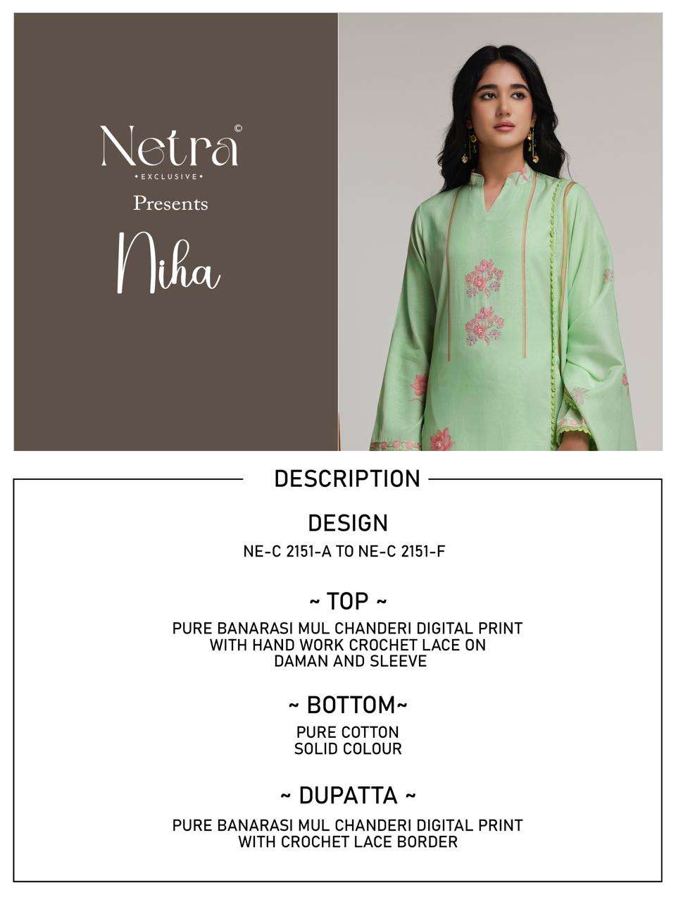 Netra Exclusive Niha Banarasi Mul Chanderi Dress Material - Amrah Wholesale