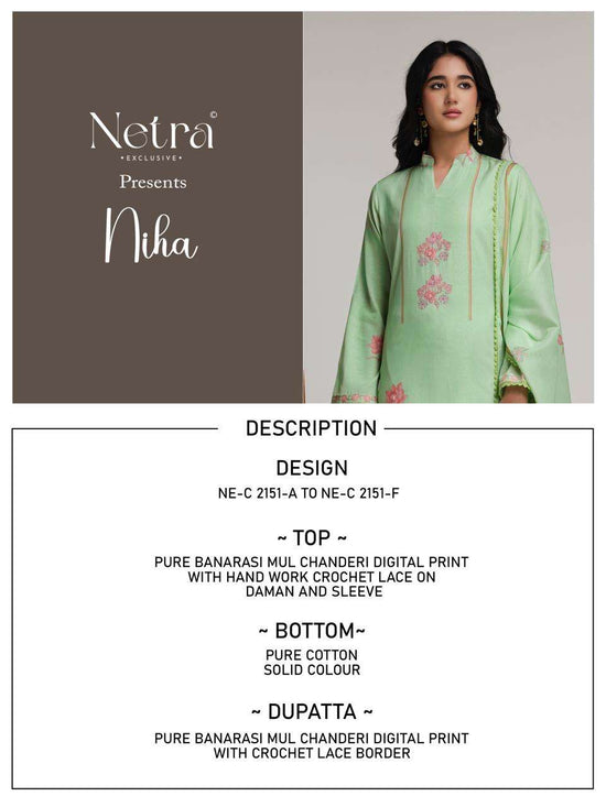 Netra Exclusive Niha Banarasi Mul Chanderi Dress Material - Amrah Wholesale