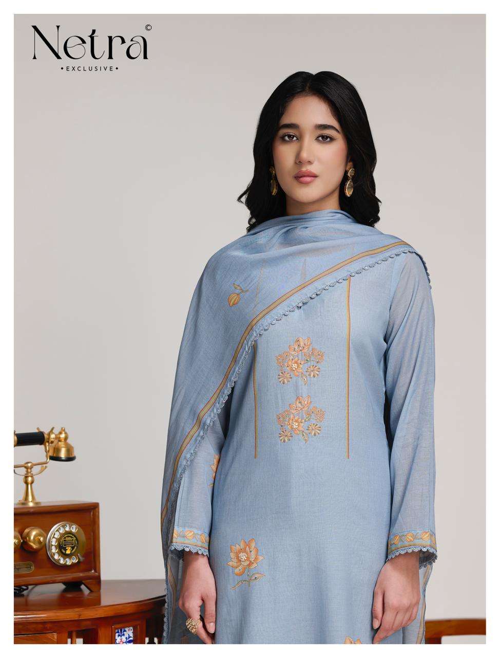 Netra Exclusive Niha Banarasi Mul Chanderi Dress Material - Amrah Wholesale