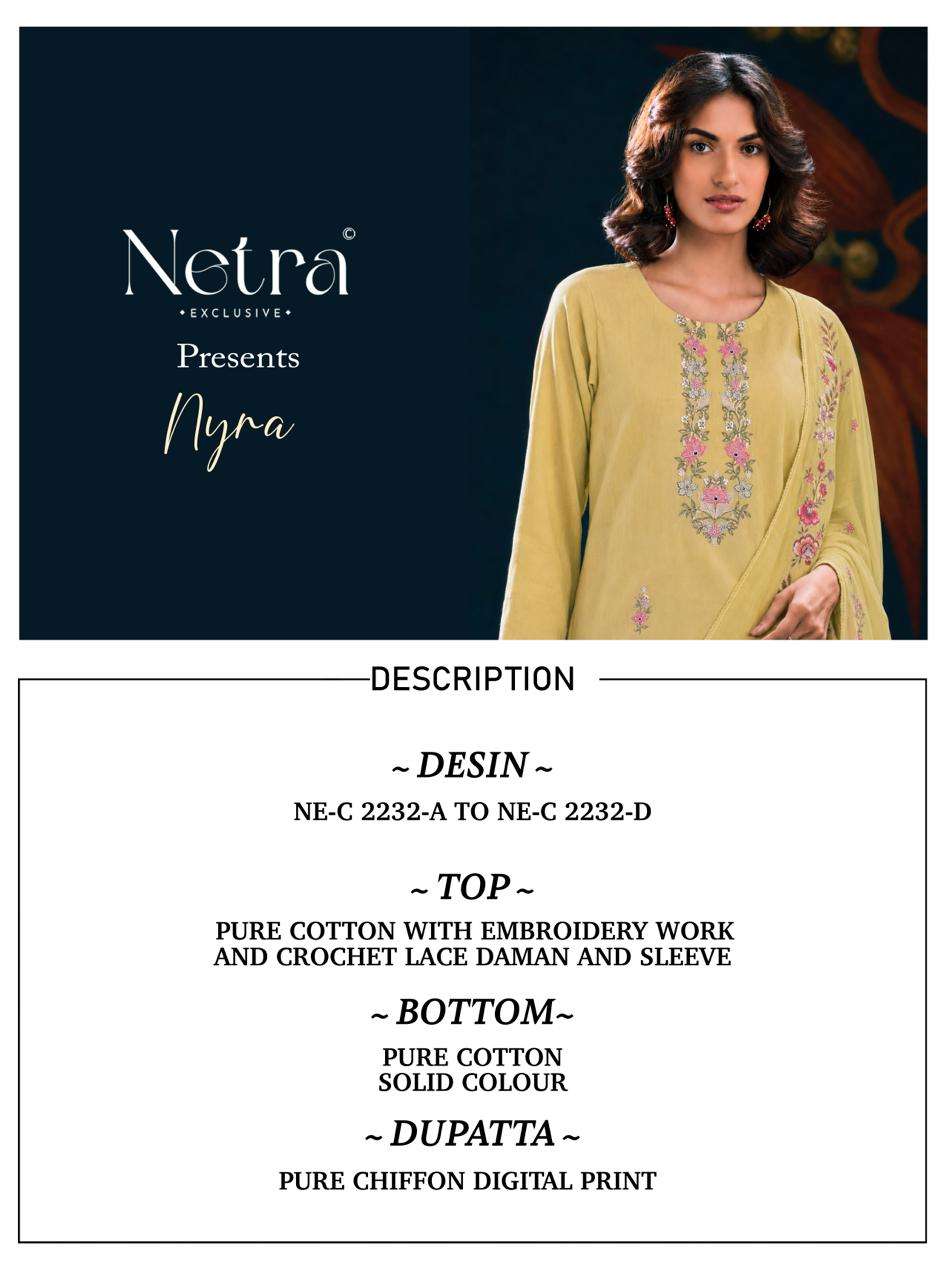Netra Exclusive Nyra Pure Cotton Embroidered Dress Material - Amrah Wholesale