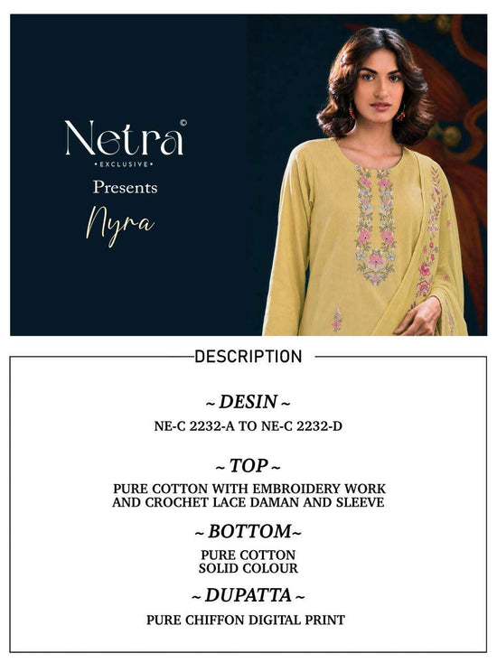Netra Exclusive Nyra Pure Cotton Embroidered Dress Material - Amrah Wholesale