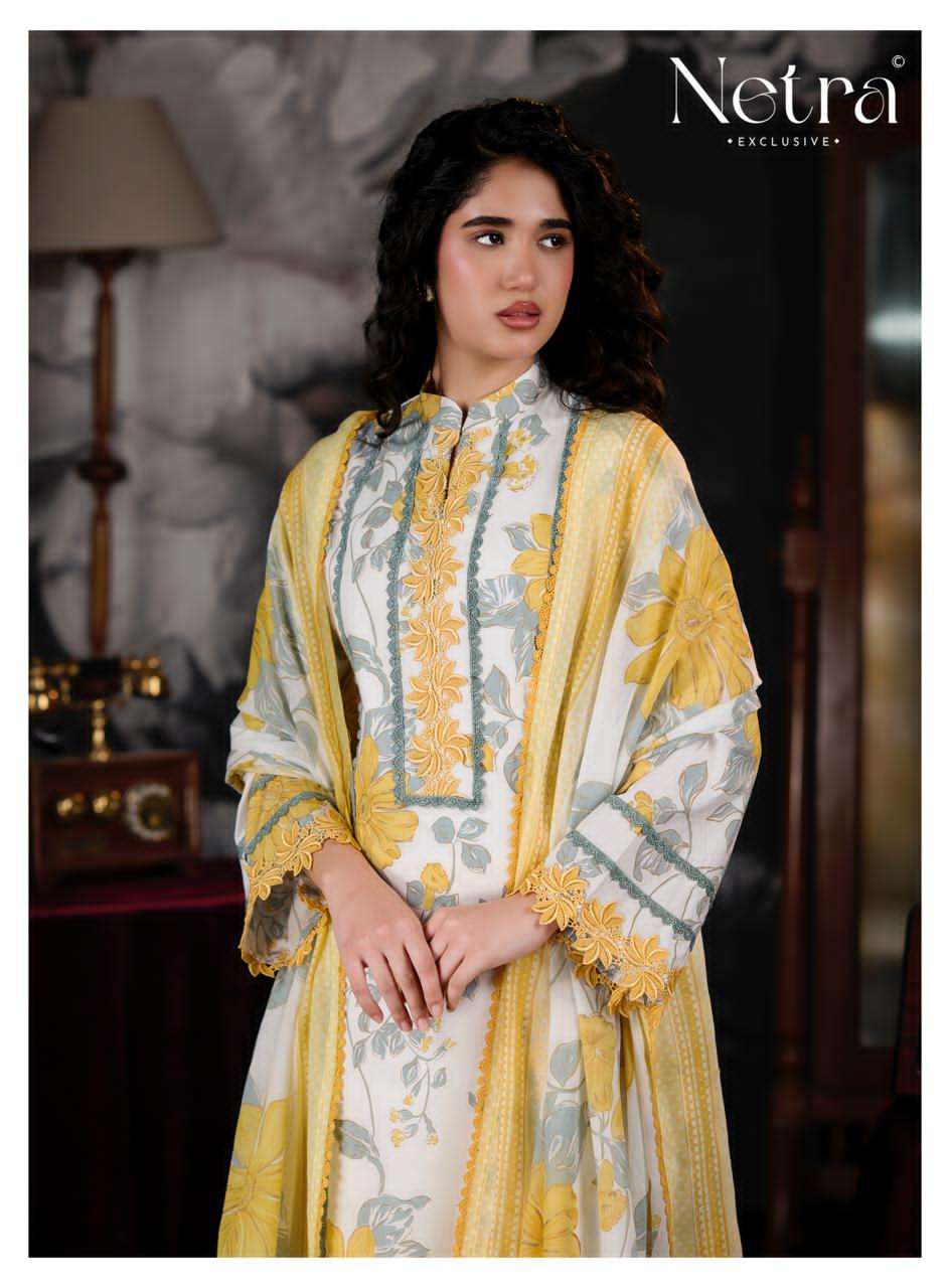 Netra Exclusive Pallavi Banarasi Mul Chanderi Digital Print Dress Material - Amrah Wholesale