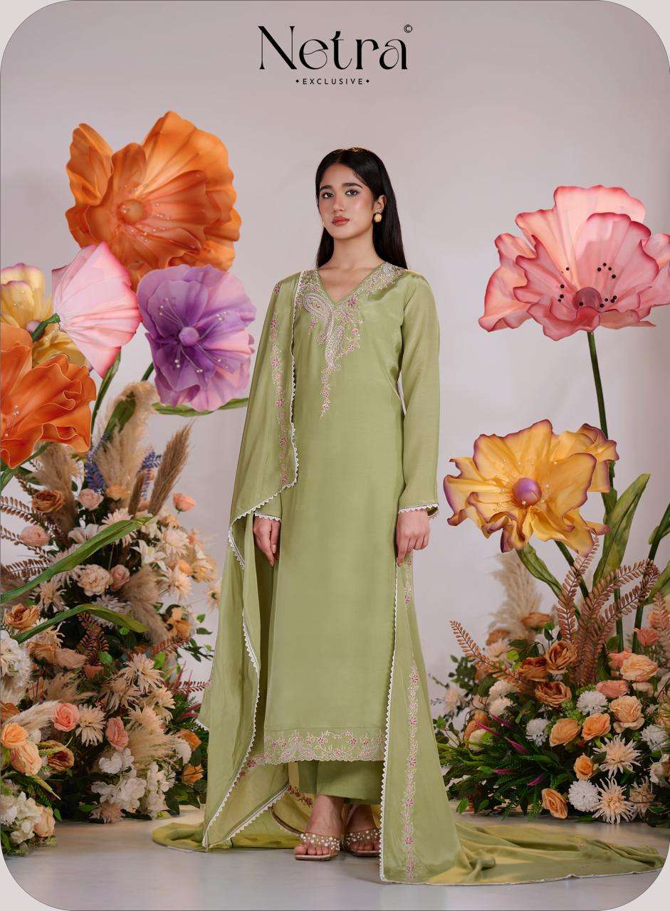 Netra Exclusive Pankhuri Pure Bemberg Muslin Embroidered Dress Material - Amrah Wholesale
