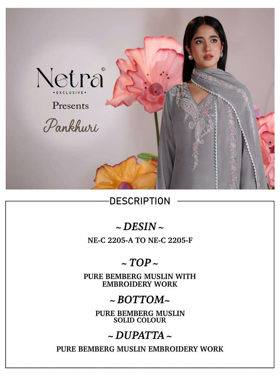 Netra Exclusive Pankhuri Pure Bemberg Muslin Embroidered Dress Material - Amrah Wholesale