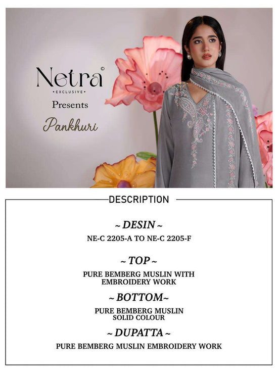 Netra Exclusive Pankhuri Pure Bemberg Muslin Embroidered Dress Material - Amrah Wholesale