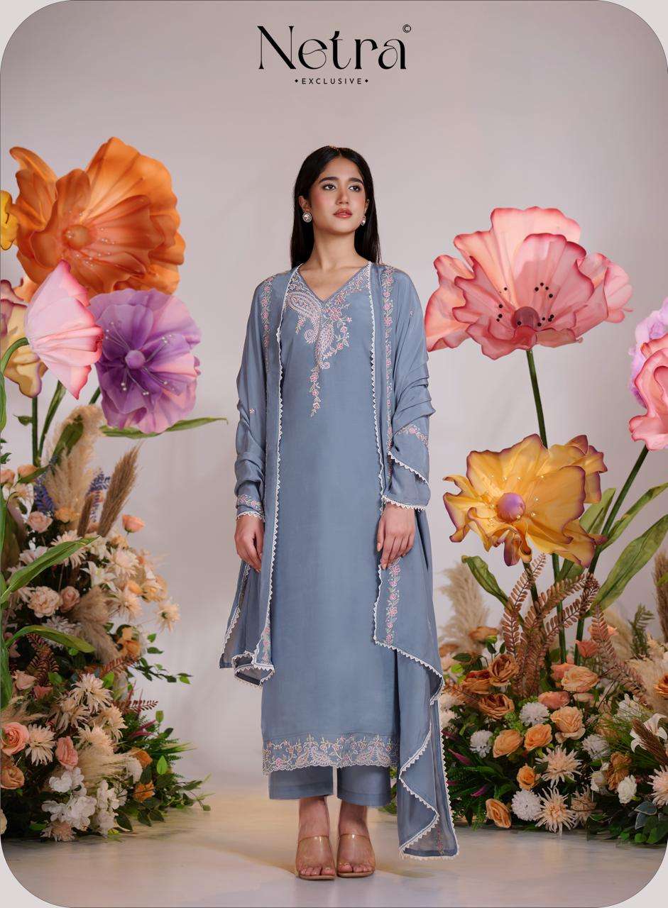 Netra Exclusive Pankhuri Pure Bemberg Muslin Embroidered Dress Material - Amrah Wholesale