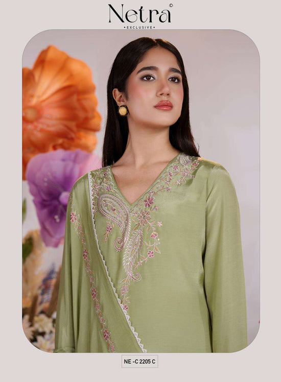 Netra Exclusive Pankhuri Pure Bemberg Muslin Embroidered Dress Material - Amrah Wholesale