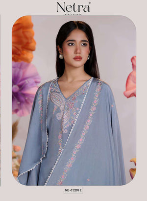 Netra Exclusive Pankhuri Pure Bemberg Muslin Embroidered Dress Material - Amrah Wholesale