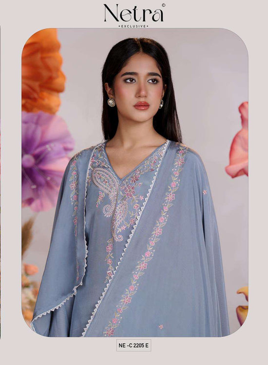 Netra Exclusive Pankhuri Pure Bemberg Muslin Embroidered Dress Material - Amrah Wholesale