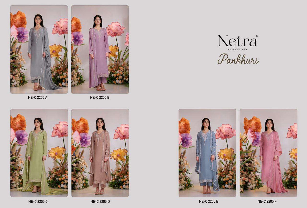 Netra Exclusive Pankhuri Pure Bemberg Muslin Embroidered Dress Material - Amrah Wholesale