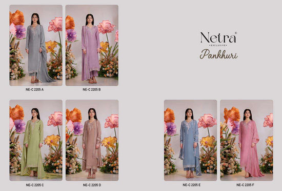 Netra Exclusive Pankhuri Pure Bemberg Muslin Embroidered Dress Material - Amrah Wholesale