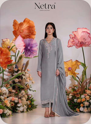 Netra Exclusive Pankhuri Pure Bemberg Muslin Embroidered Dress Material - Amrah Wholesale