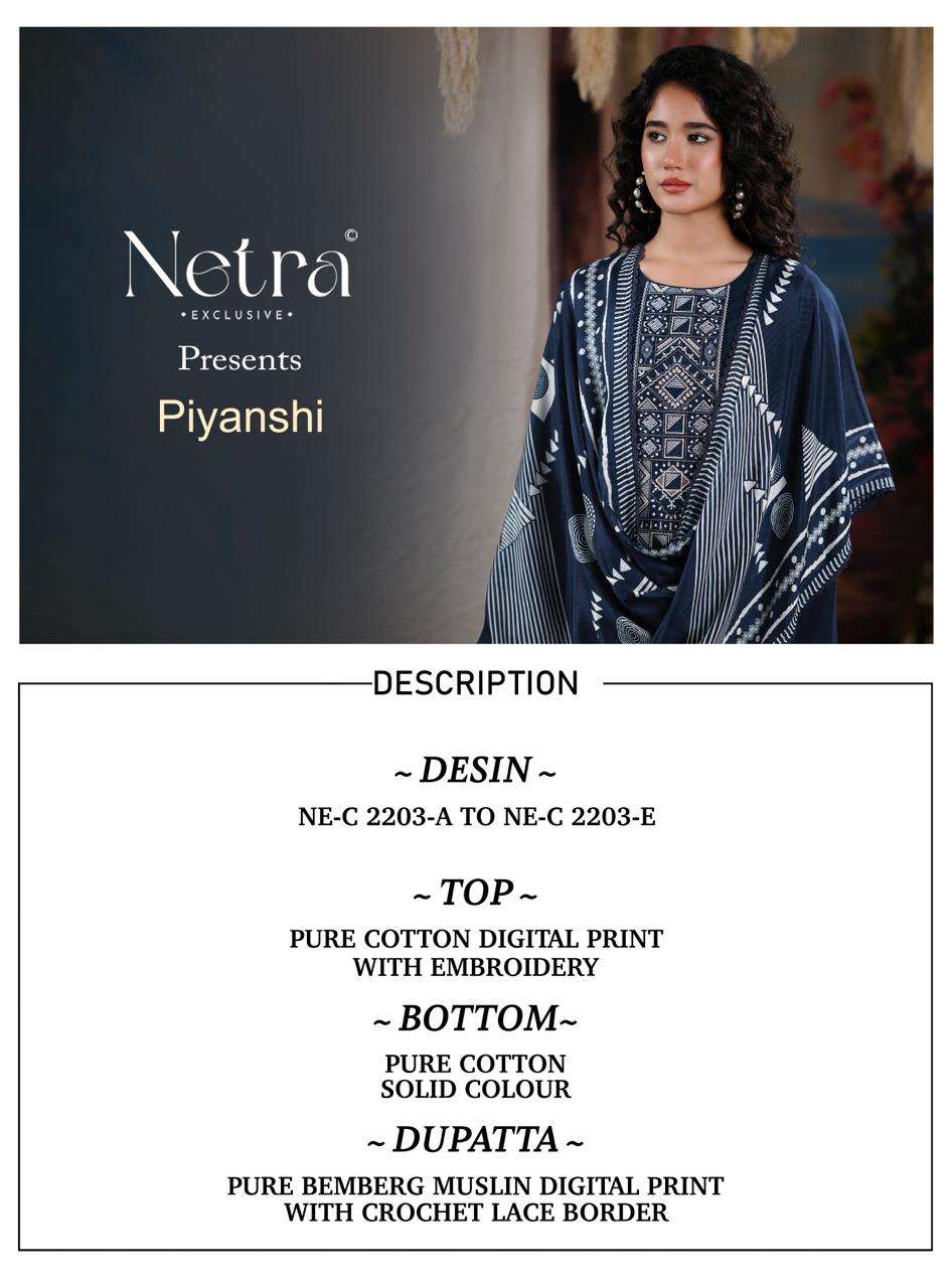 Netra Exclusive Piyanshi Premium Cotton Dress Material - Amrah Wholesale