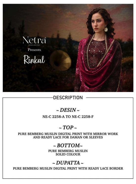 Netra Exclusive Rinkal Pure Bemberg Muslin Mirror Worked Salwar Suit