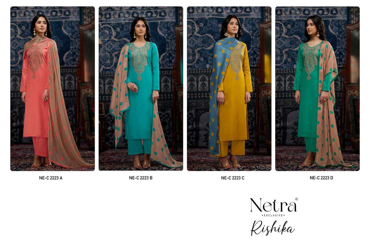 Netra Exclusive Rishika Pure Cotton Embroidered Dress Material - Amrah Wholesale