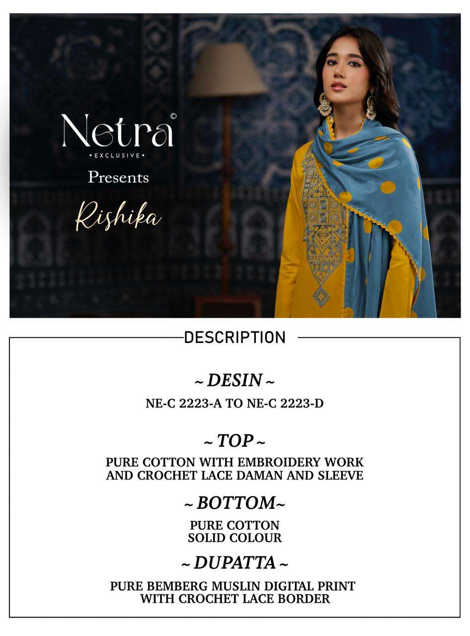 Netra Exclusive Rishika Pure Cotton Embroidered Dress Material - Amrah Wholesale