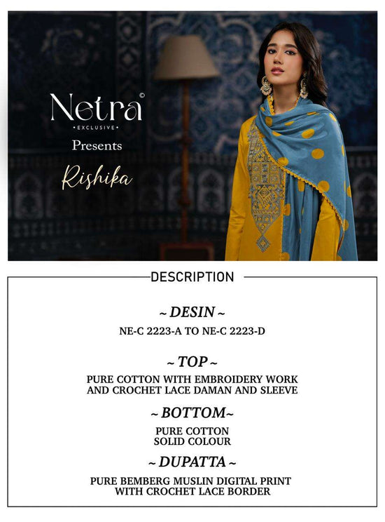 Netra Exclusive Rishika Pure Cotton Embroidered Dress Material - Amrah Wholesale