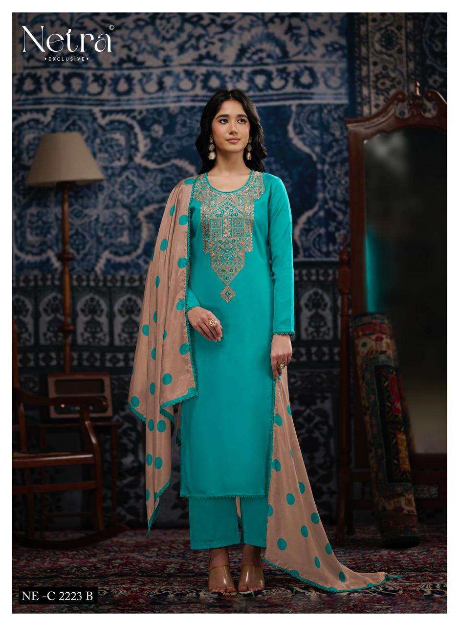 Netra Exclusive Rishika Pure Cotton Embroidered Dress Material - Amrah Wholesale
