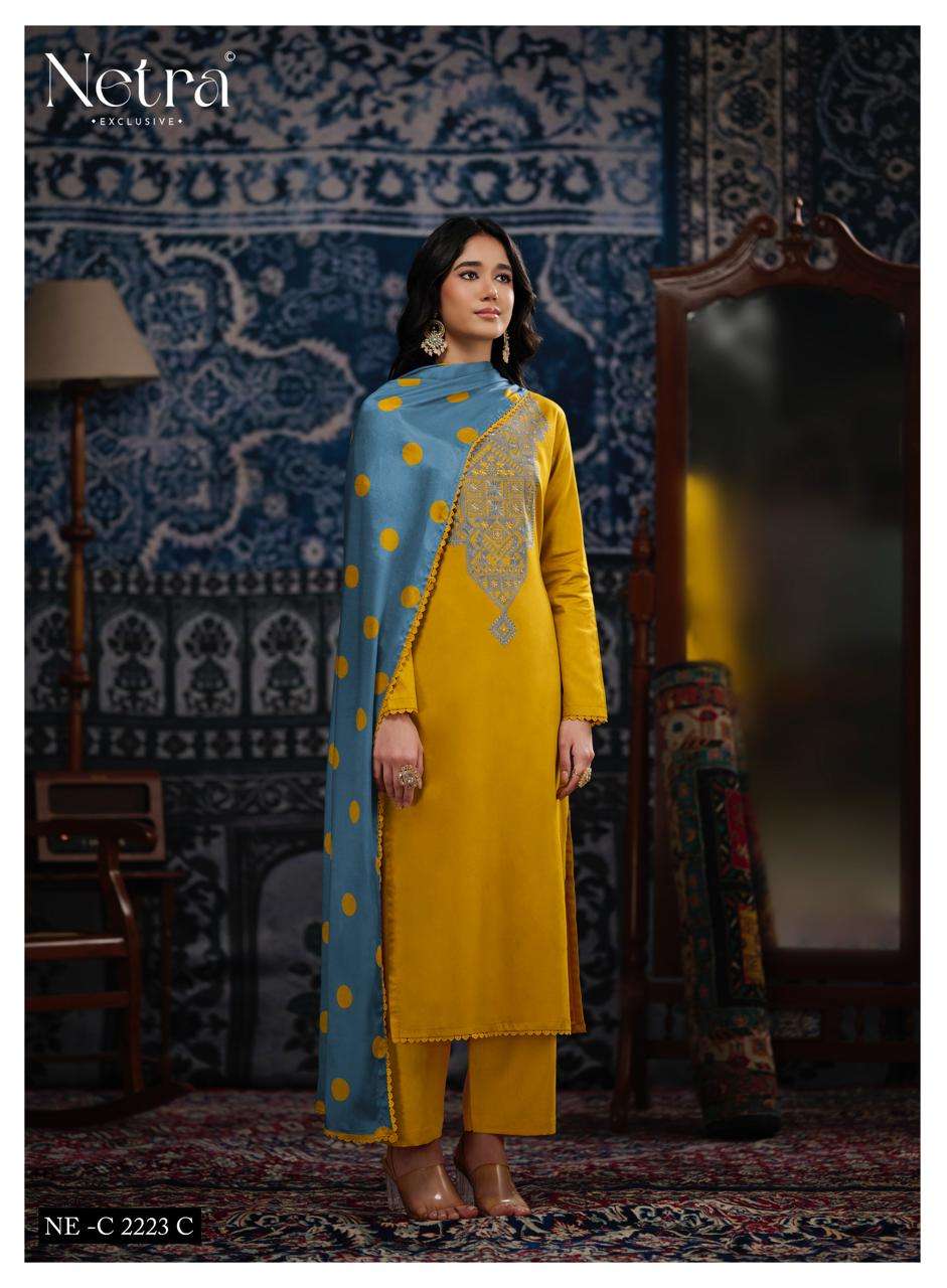 Netra Exclusive Rishika Pure Cotton Embroidered Dress Material - Amrah Wholesale