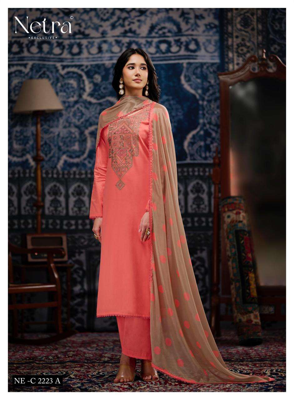 Netra Exclusive Rishika Pure Cotton Embroidered Dress Material - Amrah Wholesale