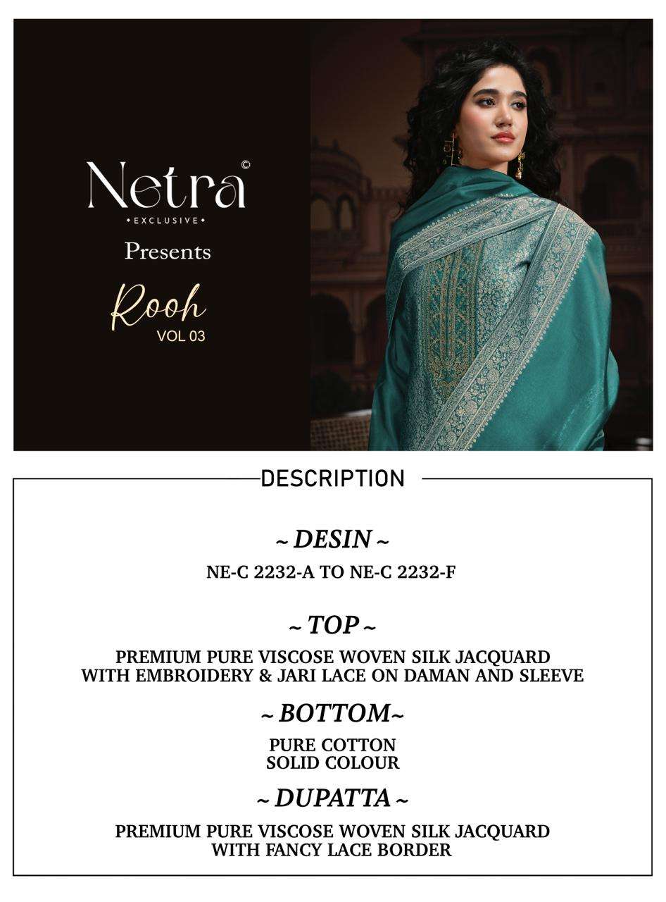 Netra Exclusive Rooh Vol 3 Viscose Silk Jacquard Dress Material - Amrah Wholesale