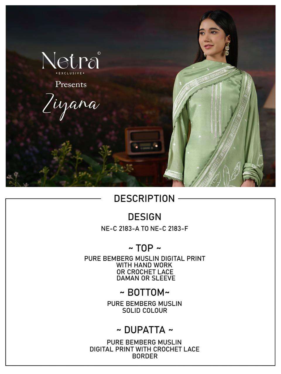 Netra Exclusive Ziyana Pure Bemberg Muslin Dress Material - Amrah Wholesale