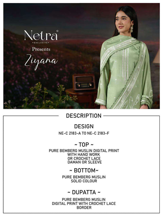 Netra Exclusive Ziyana Pure Bemberg Muslin Dress Material - Amrah Wholesale