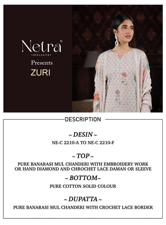 Netra Exclusive Zuri Pure Banarasi Mul Chanderi Designer Dress Material Collection - Amrah Wholesale