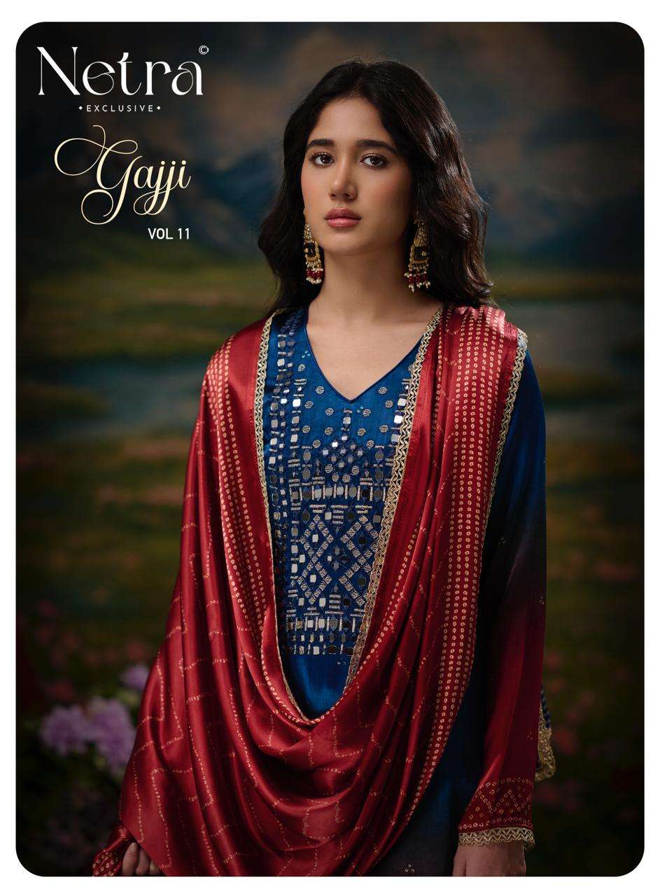 Netra Exclusive Gajji Vol 11 Pure Gajji Silk Bandhani Dress Material
