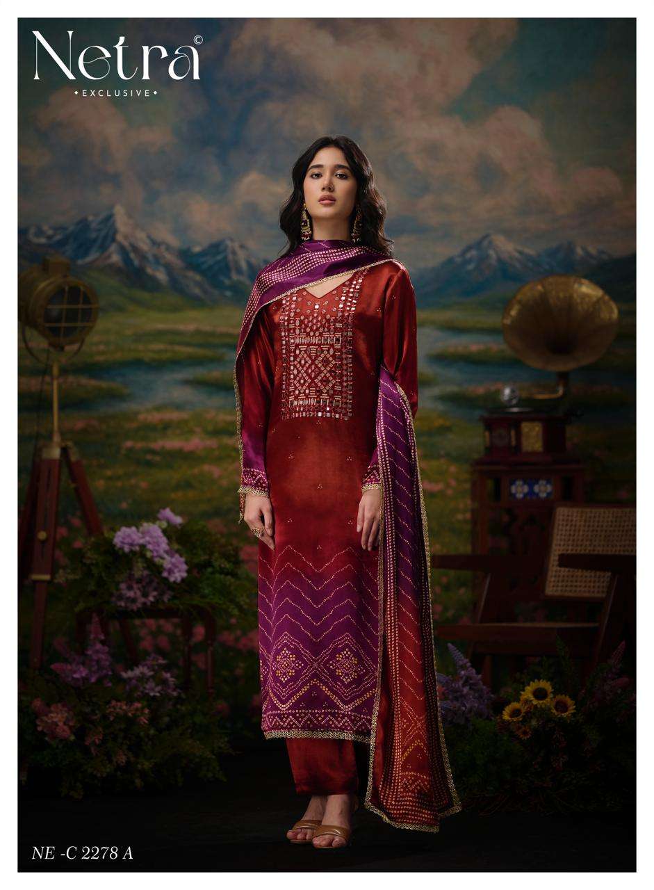 Netra Exclusive Gajji Vol 11 Pure Gajji Silk Bandhani Dress Material