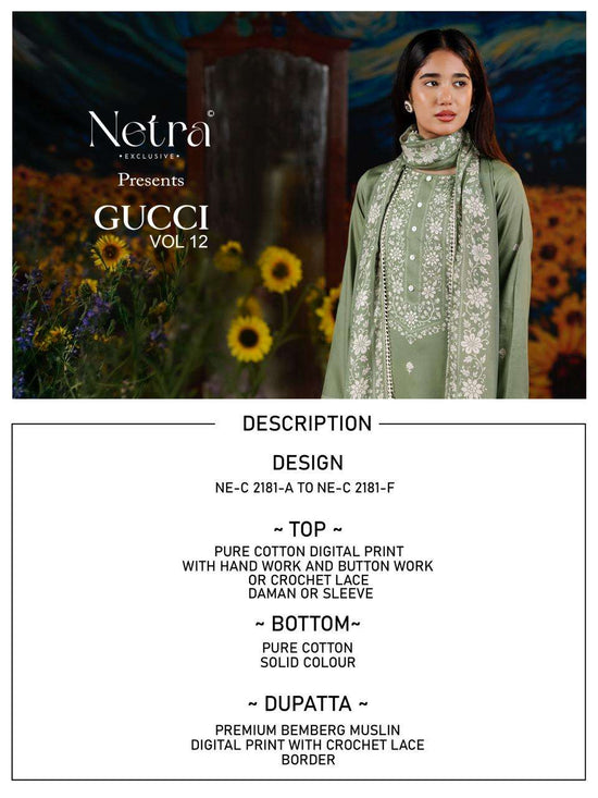 Netra Exclusive Gucci Vol 12 Premium Cotton Handwork Dress Material