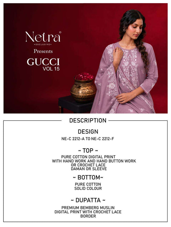 Netra Gucci Vol 15 Pure Cotton Dress Material - Amrah Wholesale