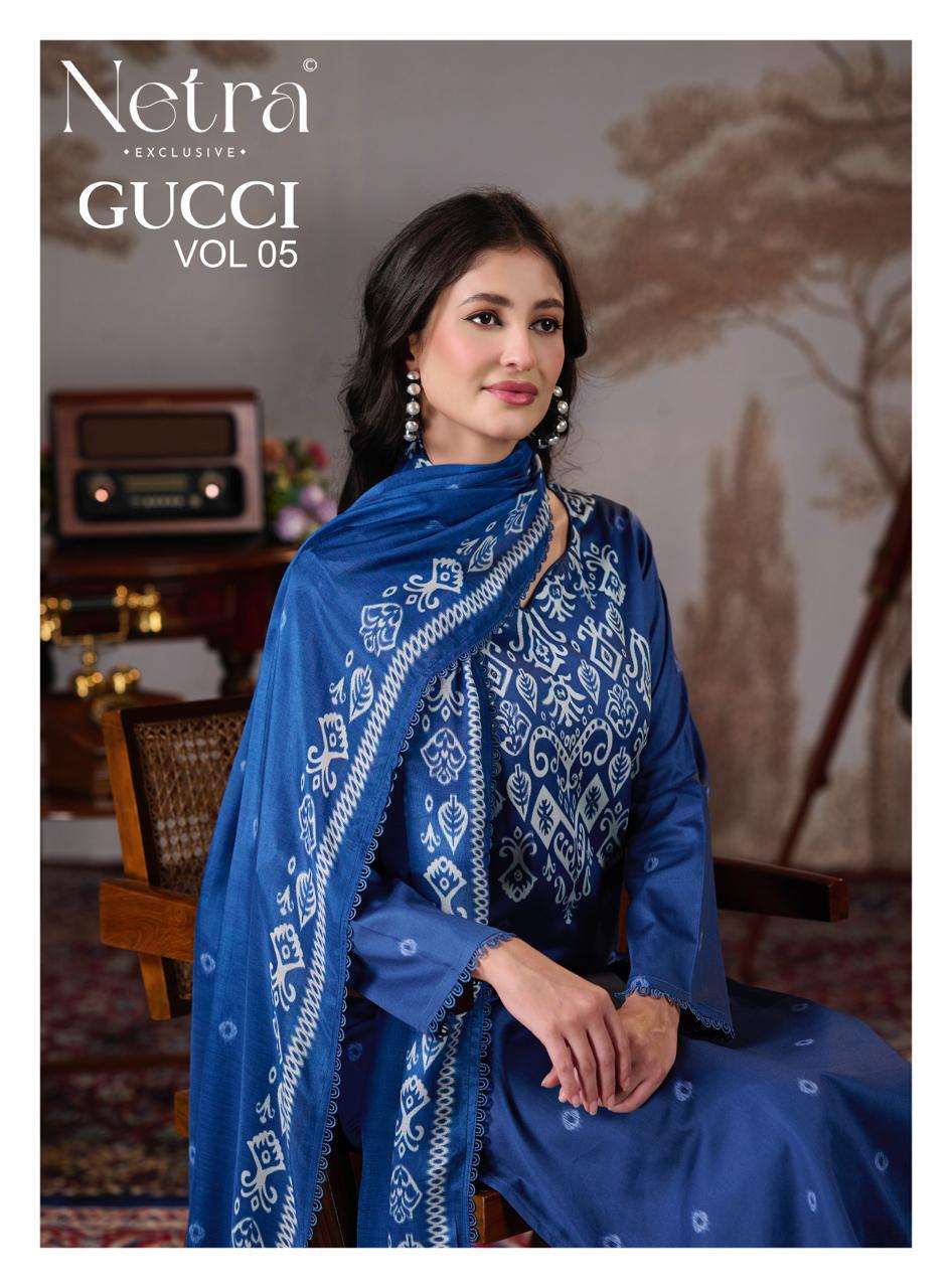 Netra Exclusive Gucci Vol 5 Cotton Satin Embroidered Dress Material