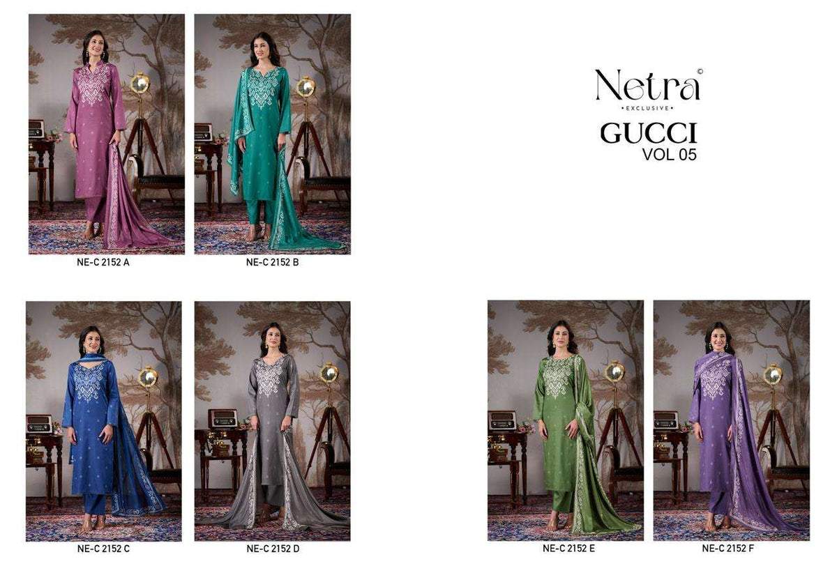 Netra Exclusive Gucci Vol 5 Cotton Satin Embroidered Dress Material