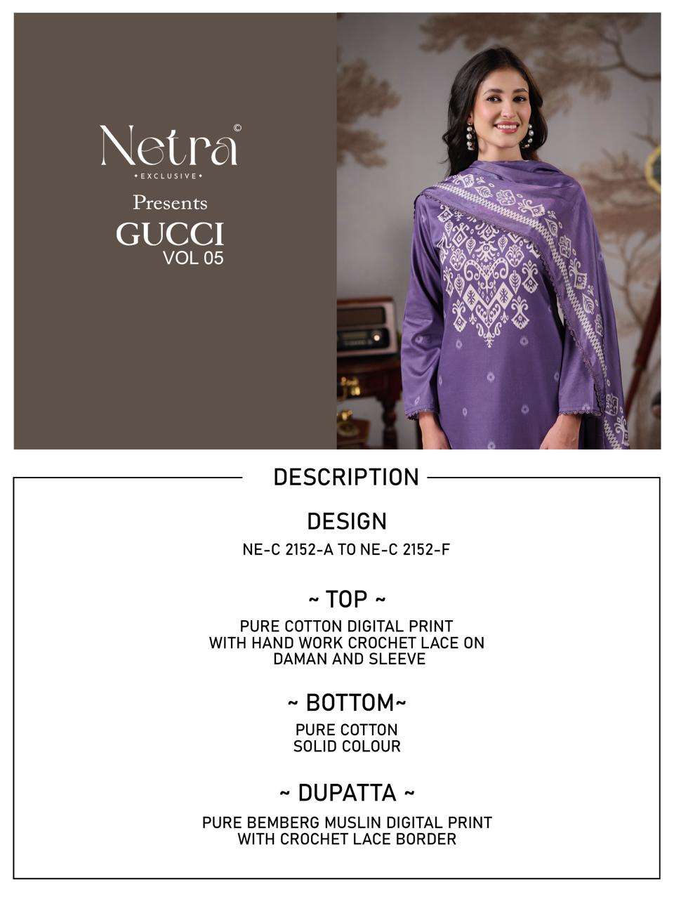 Netra Exclusive Gucci Vol 5 Cotton Satin Embroidered Dress Material