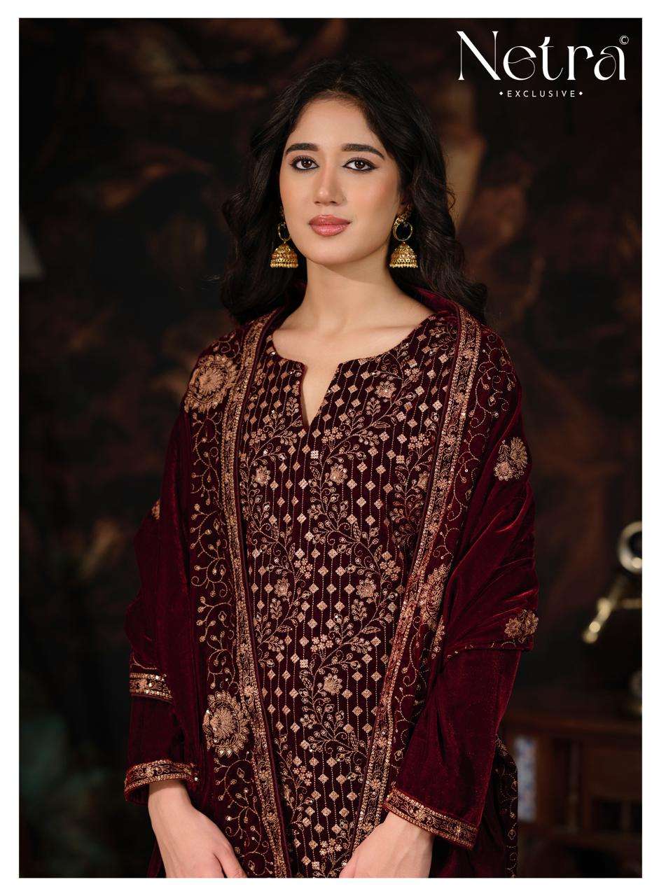 Netra Tvesha Premium Korean Silk Velvet Embroidered Unstitched Dress Material