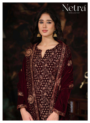 Netra Tvesha Premium Korean Silk Velvet Embroidered Unstitched Dress Material