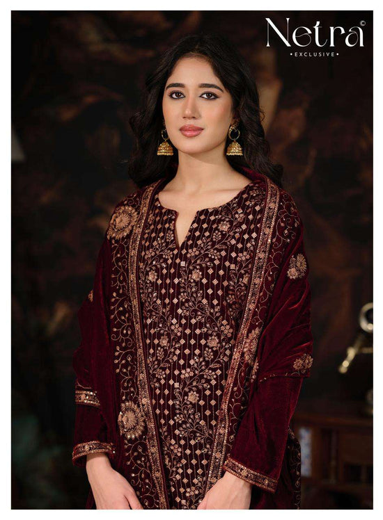 Netra Tvesha Premium Korean Silk Velvet Embroidered Unstitched Dress Material