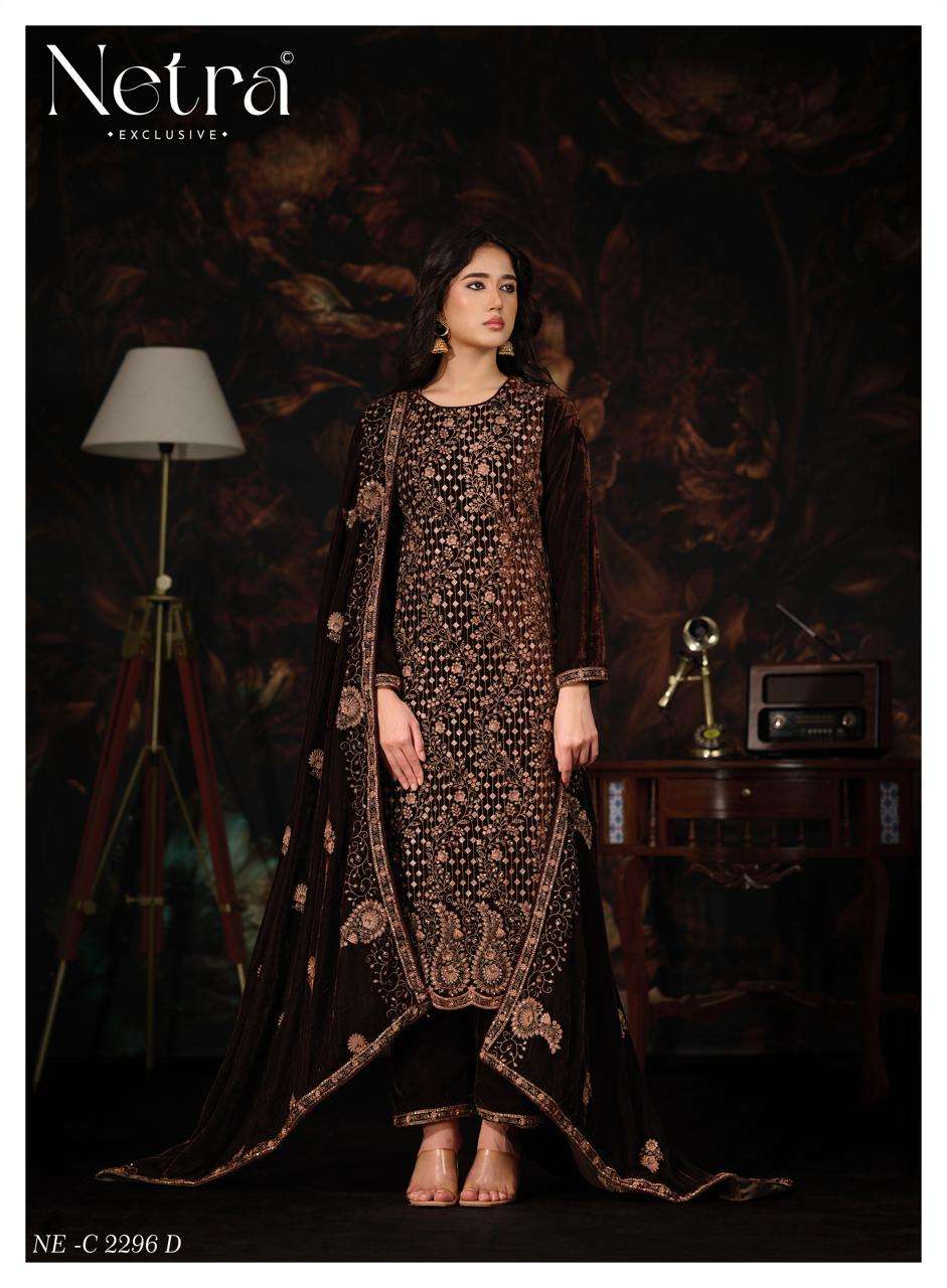 Netra Tvesha Premium Korean Silk Velvet Embroidered Unstitched Dress Material
