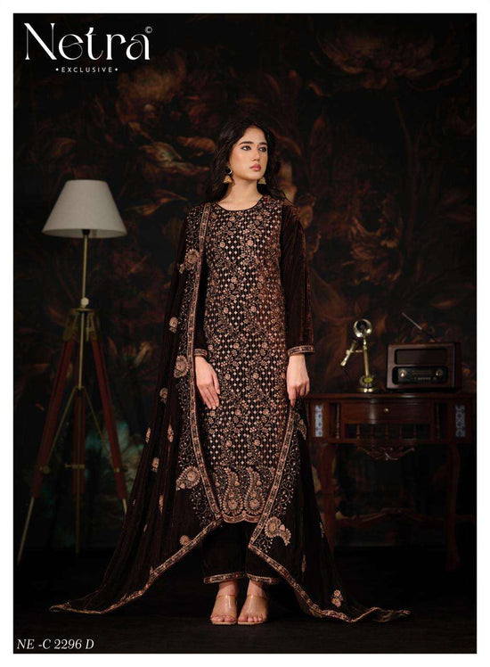 Netra Tvesha Premium Korean Silk Velvet Embroidered Unstitched Dress Material